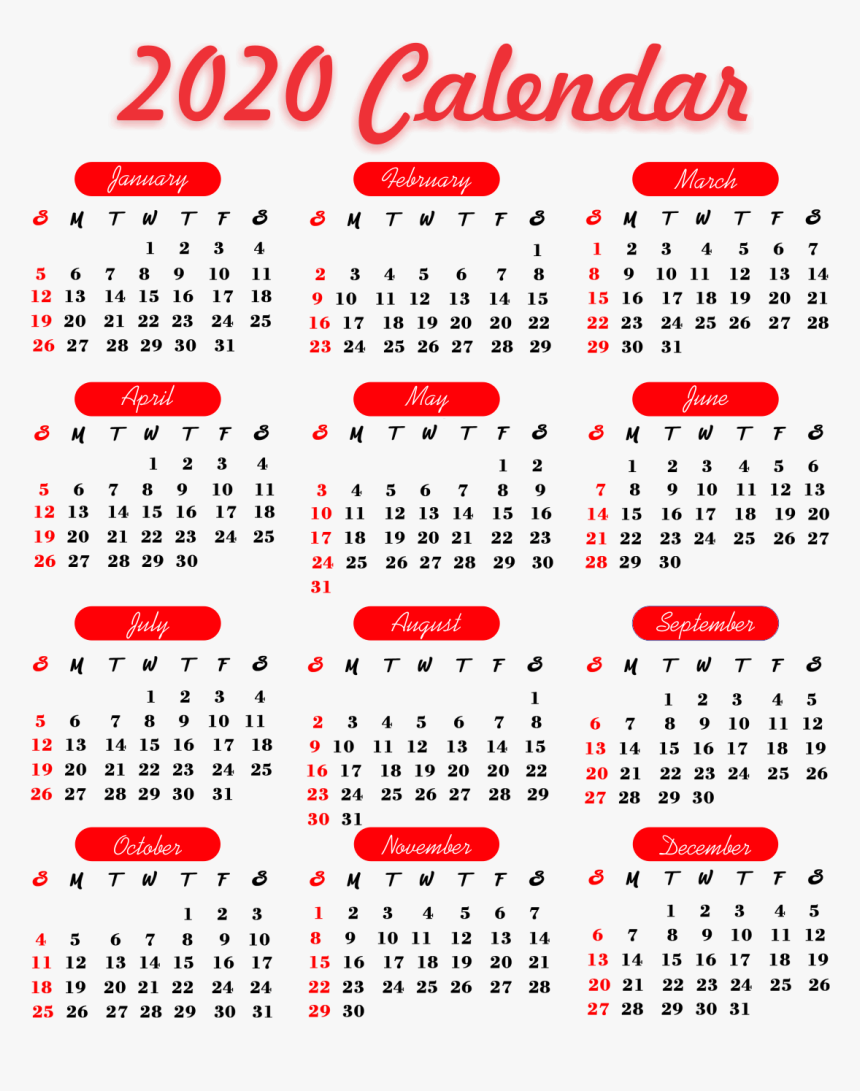 Yearly Calendar 2020 Printable Cute - Calendario 2020 Png Español