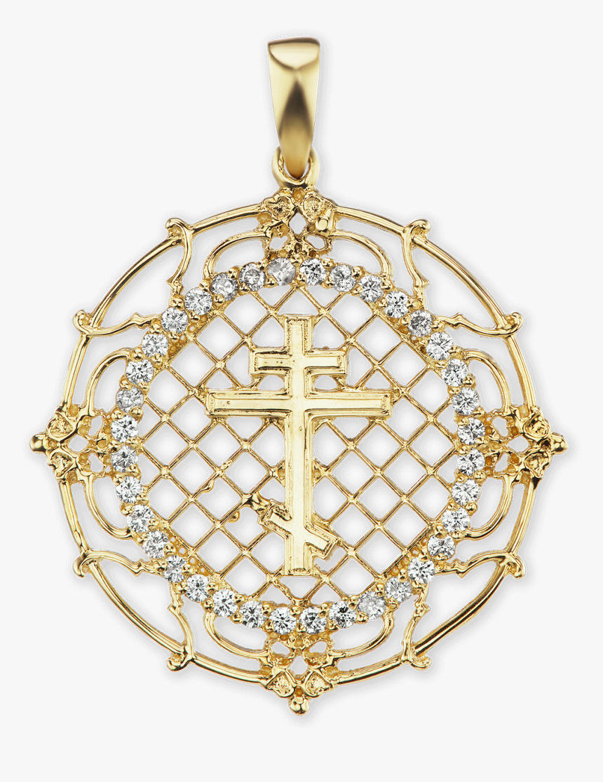 14k Gold Round Orthodox Cross Pendant With Diamonds - Locket