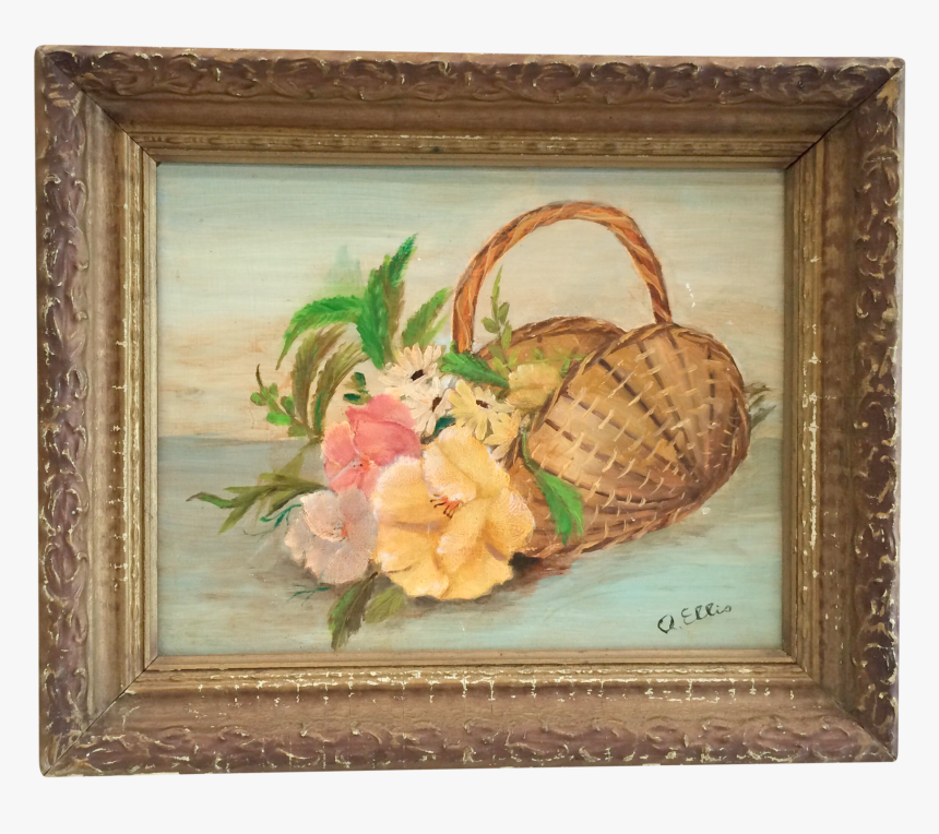 Vintage Framed Oil Still Life Flowers In Basket Signed - Still Life