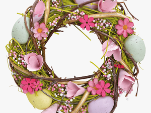 Easter Wreath With Pink Flowers And Colourful Easter - Bouquet