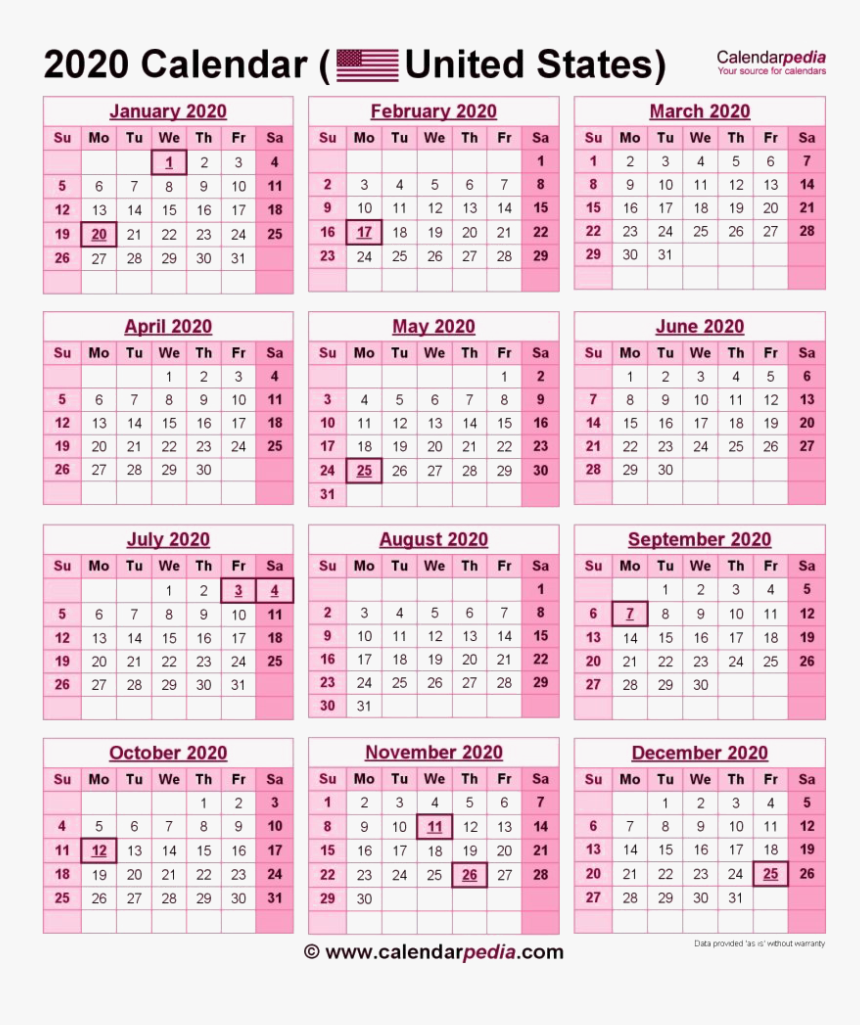 2020 Calendar Government Holiday