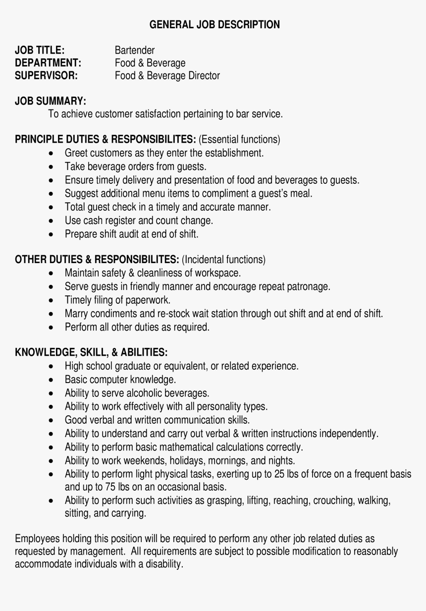 Parttime Bartender Job Description Main Image - Job Specification For A Position In A Food Establish