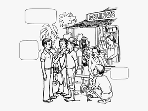 People Talk As They Gather Outside A Small Store - Community With People Drawing