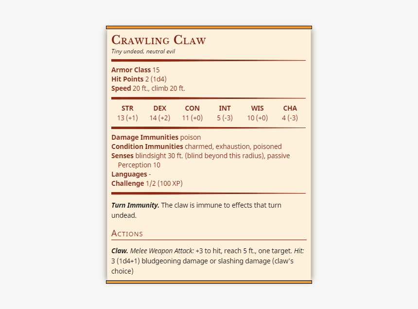 Crawling Claw - Wizard Stat Block 5e