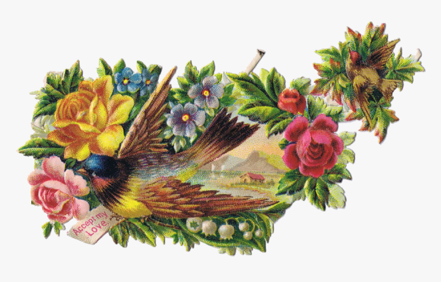 Vintage Flowers Transparent Background Birds