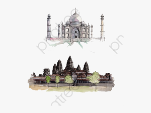 Cambodia Taj Mahal India - Angkor Wat Watercolor