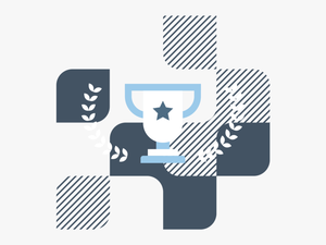 Awards Trophy Icon With Laurel Leaves In Front Of Blue - Vector Graphics