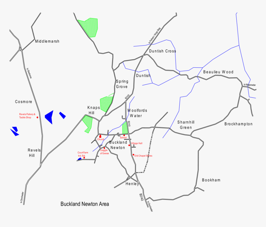 Buckland Newton Sharnhill Green Bookham Duntish Cross - Map