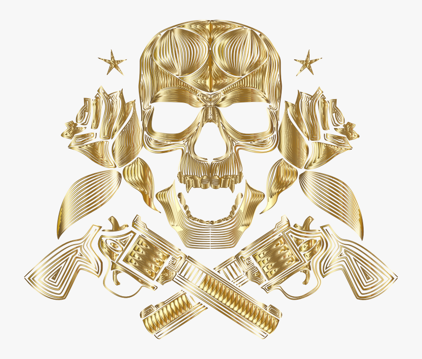 Flowers And Firearms Skull Line Art Gold No Bg - Emblem