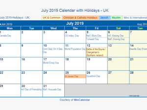 July 2019 Calendar With Holidays Uk - Holidays In December 2019