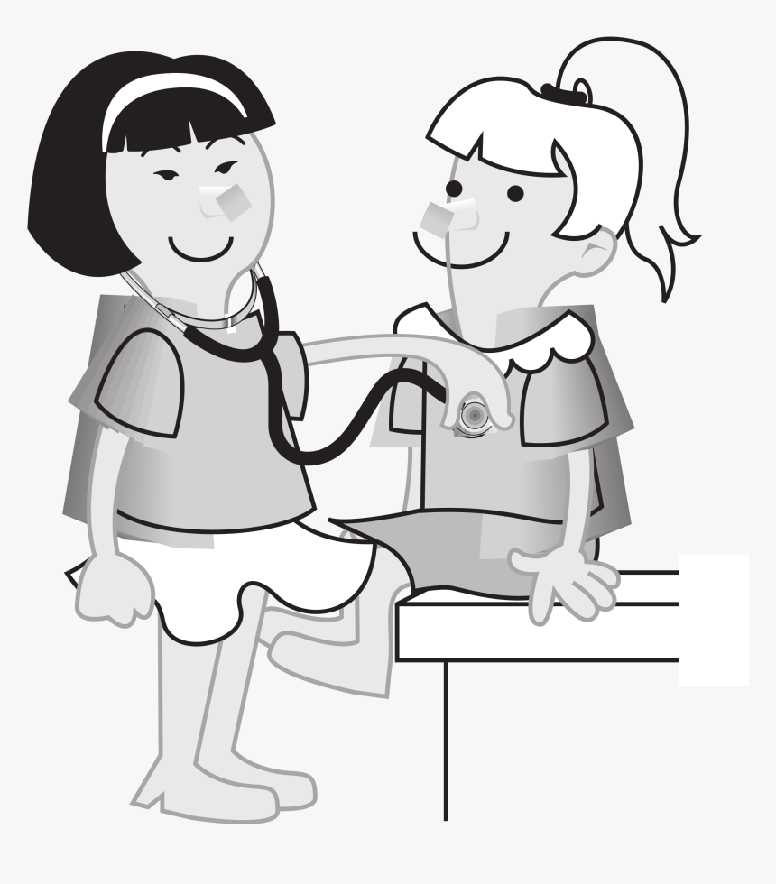 Girls Measuring Girls Heart Rate Clip Arts - Doctor Playing Black And White Clipart