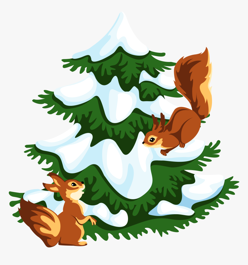 Transparent Snowy Tree With Squirrels Png Clipart - Squirrel On Tree Png Clipart