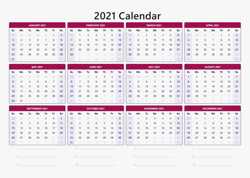 Calendar 2021 Png Image - 12 Month Printable Calendar 2020