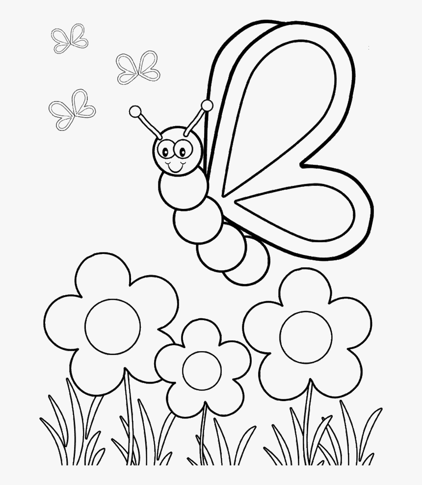 The Butterfly Flew Over The Flower Coloring Kids - Preschool Printable Butterfly Coloring Pages